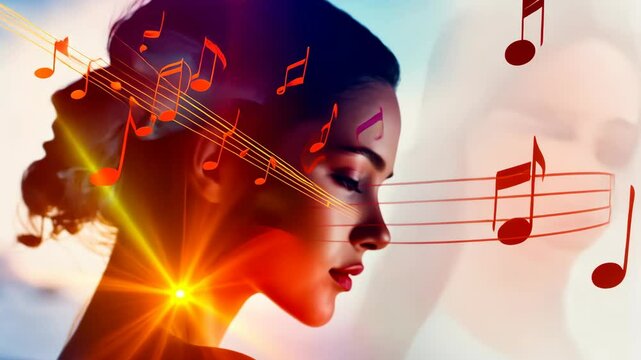 A double exposure of colorful musical notes and a profile photo portrait of a young girl, creating an artistic and creative effect.