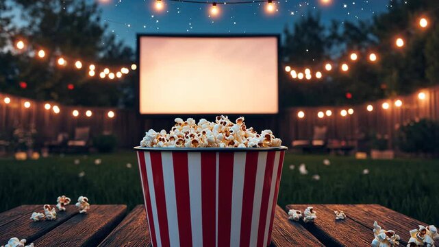A red and white striped popcorn bowl on an outdoor movie night, surrounded by string lights in the backyard with the big screen visible in the background. 