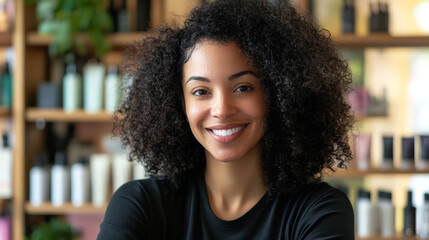 Fototapeta premium A smiling, mixed-race woman with curly hair wearing a black shirt, in a beauty store, generative AI
