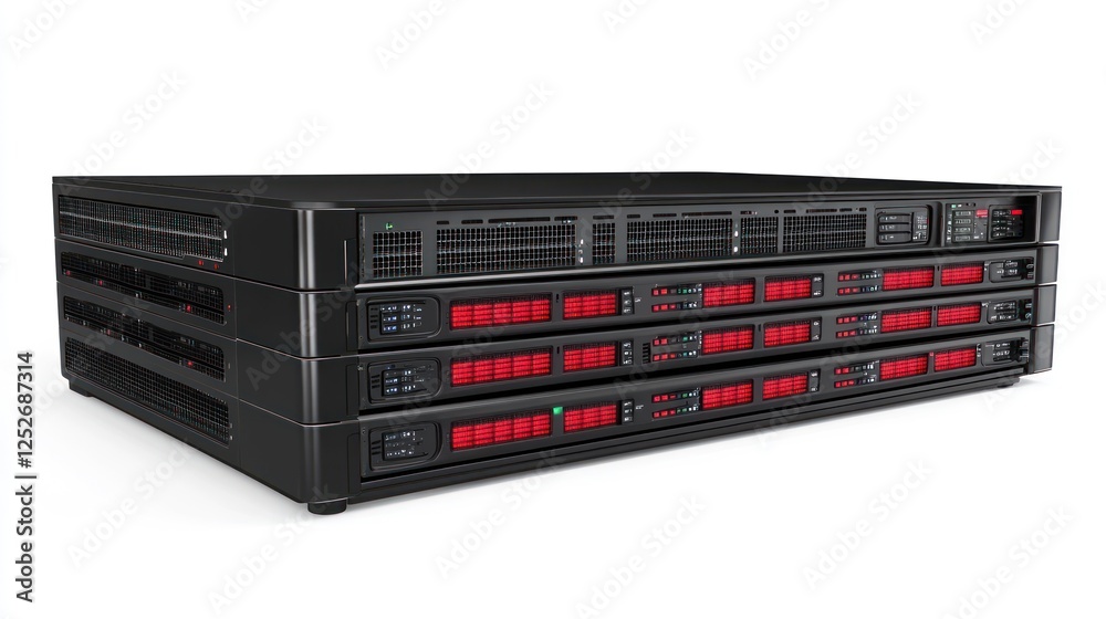 Poster data center server rack, three units, isolated background, network infrastructure, website design