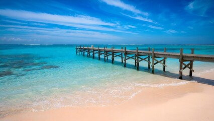 Obraz premium Tropical paradise with a wooden pier over crystal-clear waters