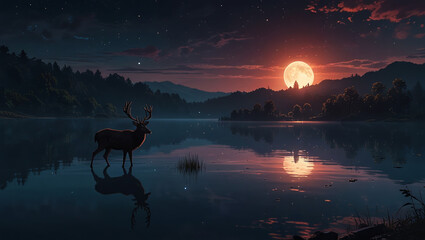 Deer by the lake and moon in the night view