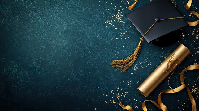 Elegant graduation invitation background with mortarboard and scroll.