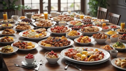 Long table showcasing an array of breakfast dishes , waffles, breakfast spread