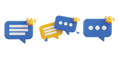 3d chat message blue speech bubble icon with bell notification alert notice icon set vector illustration
