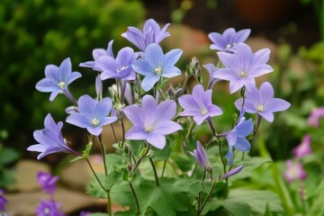 Beautiful cluster of star-shaped purple flowers blooming in garden during spring morning