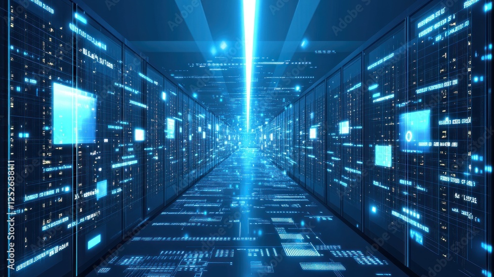 Aufkleber Data center server room, glowing digital information, futuristic technology, background data stream, network infrastructure