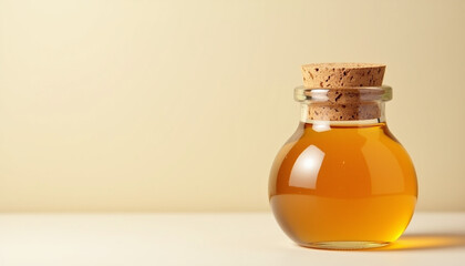 Golden Honey in a Glass Bottle, Sweet and Natural, Against a Neutral Backdrop. AI Generation.