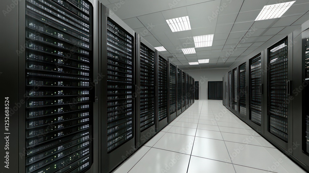 Poster data center servers room; rows of network technology; digital infrastructure; background lighting; w