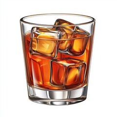 A glass filled with dark liquid and ice cubes, ideal for a refreshing drink on a warm day or a cozy evening.