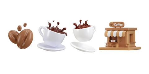 Coffee shop with coffee beans and Liquid coffee with cup icon 3d render 