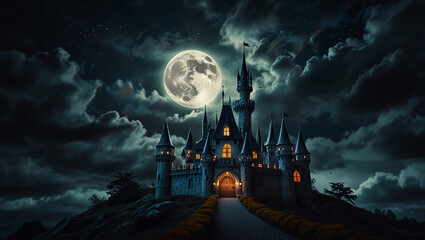 Fototapeta premium Halloween castle illuminated by full moon and fantasy clouds.