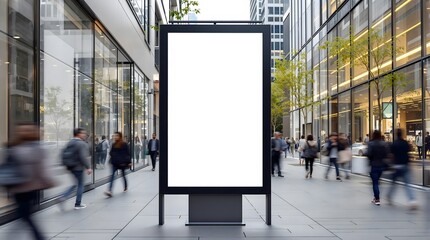 Blank Billboard in Modern Urban Walkway - Large White Display with Glass Buildings - Ideal for Mockups Branding and Digital Advertisements
