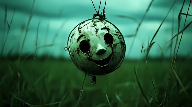 Unheimliche Puppe auf dunklem Feld &ndash; Gruselige Vintage-Maskendekoration  
