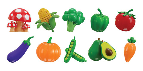 Vegetables icon 3d render premium food for mushroom, Pumpkin, Corn, Broccoli, Capsicum, Tomato, Eggplant, Peas, Avocado, carrot vegetable icon vector illustration