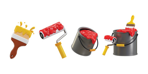 Roller paint brush icon with paint bucket 3d render concept of painting icon for construction, repair, renovation vector illustration set