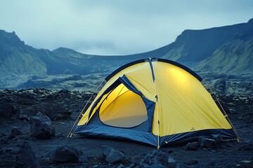 Vibrant Yellow Tent Set Against Majestic Mountain Landscape
