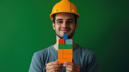 Smiling Construction Worker Holding Colorful Blocks