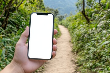 Hand holding smartphone with white screen on mountain path