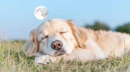 Golden Retriever sleeps peacefully outdoors under a full moon