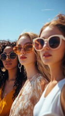 Young women enjoying summer sunlight while wearing stylish sunglasses at a vibrant outdoor location