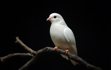 Obraz premium White dove perched on branch, black background, peace symbol