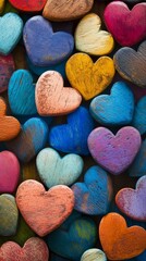 Obraz premium Colorful wooden hearts arranged in an artistic display on a blue wooden background