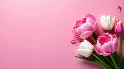 Obraz premium Lovely Pink and White Tulips on a Soft Pink Background, a Delicate Floral Arrangement Perfect for Springtime Celebrations or Romantic Occasions