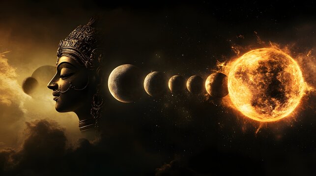 An artistic visualization of the interplay between Rahu and Ketu in a Vedic astrological eclipse