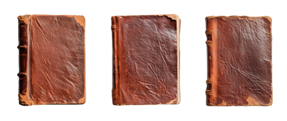 Set of Blank Aged Leather-Bound Books with Worn Covers Isolated on Transparent PNG Background