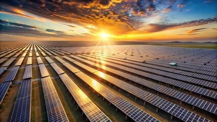 Vast Solar Farm at Golden Hour Rows of Panels Basking in Sunset's Radiance
