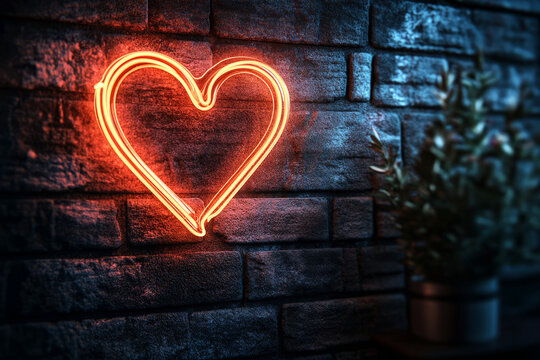 Glowing neon heart on dark brick wall for romantic ambiance, stylish mood, and bold love - Powered by Adobe