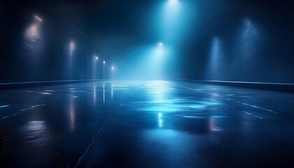 Dark street, wet asphalt, reflections of rays in the water. Abstract dark blue background, smoke, smog. Empty dark scene, neon light, spotlights. Concrete floor