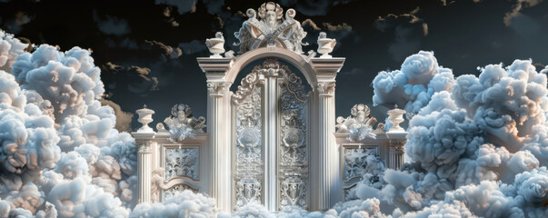 Surrounded by heavenly clouds, the white gates shine brightly, leading to the celestial realm on a black horizon.