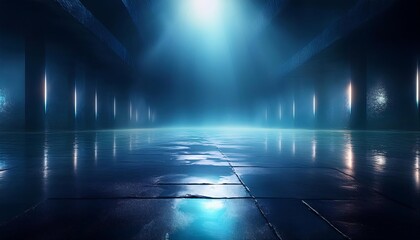 Dark street, wet asphalt, reflections of rays in the water. Abstract dark blue background, smoke, smog. Empty dark scene, neon light, spotlights. Concrete floor