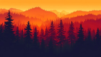 Obraz premium Silhouette Forest Sunset Over Majestic Mountains