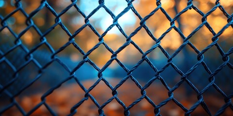 Fototapeta premium Chain Link Fence Autumn Dusk: A Close-Up