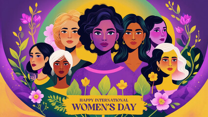 Happy International Women Day Text Typography with Grungy Brush Strokes. Flat Illustration of Women Group for Women’s Day celebration holiday poster, banner design.