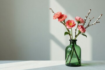 A serene arrangement of delicate coral blossoms in a dark green glass bottle, bathed in soft sunlight against a muted backdrop.
