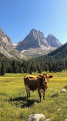 Fototapeta premium Cow grazing in lush green meadow with snow-capped mountains during sunny day