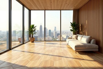 Fototapeta premium Modern Apartment Living Room with Panoramic City View and Light Wood Accents