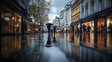 Fototapeta premium Overcast Skies Rain Falling Pedestrians Holding Umbrellas Street Reflections