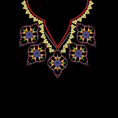 Colorful damask ethnic boho ornament. Bohemian style, embroidery on a black background. Design for shirt pattern, collar, neckline, and bead decoration.