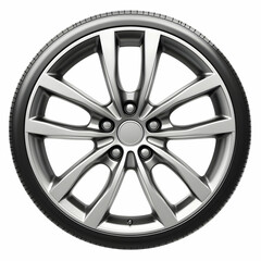 Silver alloy wheel with tire, isolated on white. Automotive parts catalog image