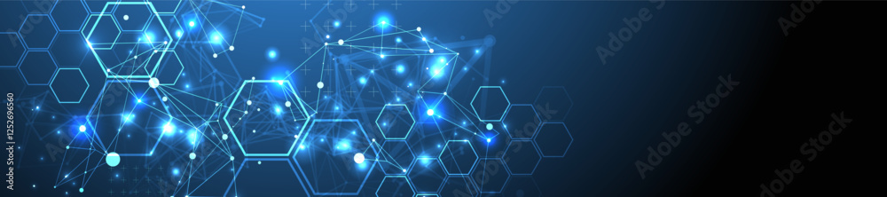 Fototapete Abstract scientific vector background. Interweaving on a dark blue gradient of hexagons of different shapes with a plexus effect.