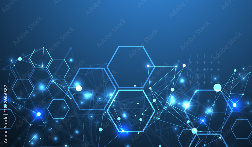 Aufkleber Abstract scientific vector background. Interweaving on a dark blue gradient of hexagons of different shapes with a plexus effect.