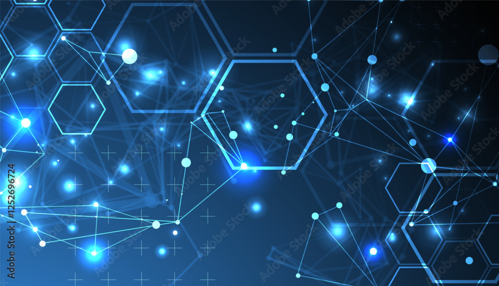 Aufkleber Abstract scientific vector background. Interweaving on a dark blue gradient of hexagons of different shapes with a plexus effect.