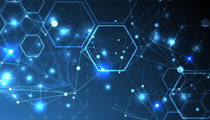 Abstract scientific vector background. Interweaving on a dark blue gradient of hexagons of different shapes with a plexus effect.