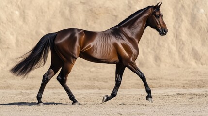 Obraz premium Brown horse gracefully trotting on sandy ground, elegance and strength concept