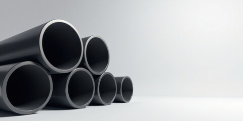 A Collection of Dark Cylindrical Pipes Arranged in a Stack Against a Neutral Background